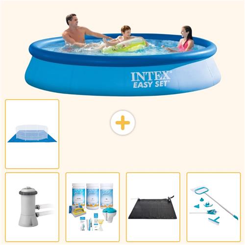 Intex Rond Opblaasbaar Easy Set Zwembad - 366 x 76 cm - Blauw - Inclusief Pomp - Onderhoudspakket - Solar Mat - Schoonmaakset - Grondzeil - 6-delig