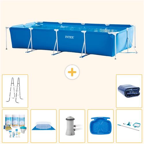 Intex Rechthoekig Frame Zwembad - 450 x 220 x 84 cm - Blauw - Inclusief Onderhoudspakket - Grondzeil - Zwembadfilterpomp - Voetenbad - Ladder - Schoonmaakset - Solarzeil - 8-delig