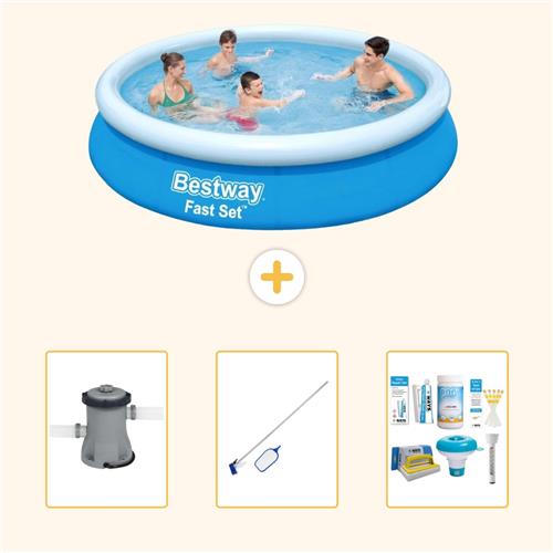 Bestway Rond Opblaasbaar Fast Set Zwembad - 366 x 76 cm - Blauw - Inclusief Pomp - Schoonmaakset - Onderhoudspakket - 4-delig