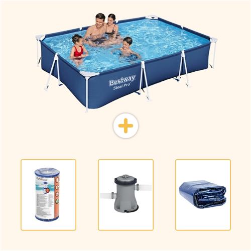 Bestway Rechthoekig Steel Pro Zwembad - 300 x 201 x 66 cm - Blauw - Inclusief Filter - Zwembadfilterpomp - Solarzeil - 4-delig