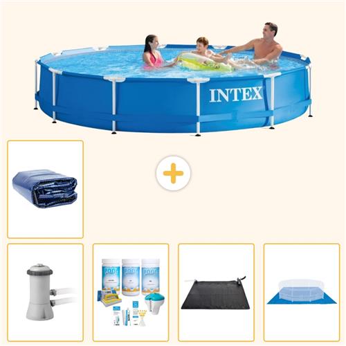 Intex Rond Frame Zwembad - 366 x 76 cm - Blauw - Inclusief Pomp - Onderhoudspakket - Solar Mat - Grondzeil - Solarzeil - 6-delig