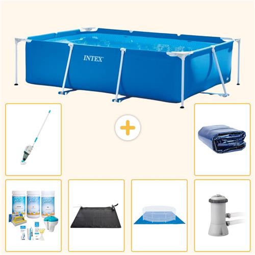 Intex Rechthoekig Frame Zwembad - 300 x 200 x 75 cm - Blauw - Inclusief Onderhoudspakket - Solar Mat - Grondzeil - Zwembadfilterpomp - Stofzuiger - Solarzeil - 7-delig