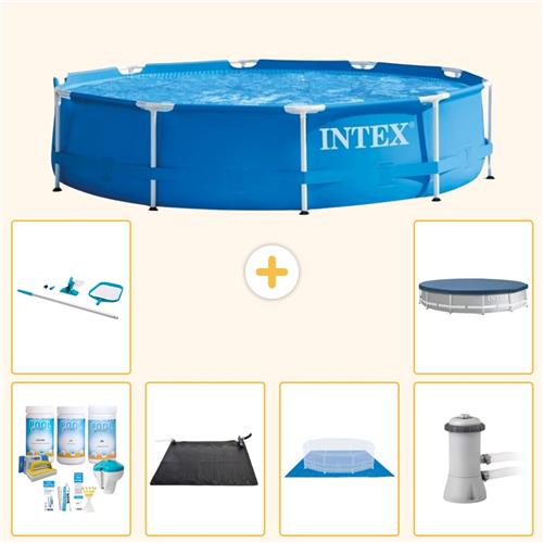 Intex Rond Frame Zwembad - 366 x 76 cm - Blauw - Inclusief Onderhoudspakket - Solar Mat - Grondzeil - Zwembadfilterpomp - Schoonmaakset - Afdekzeil - 7-delig
