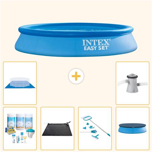 Intex Rond Opblaasbaar Easy Set Zwembad - 305 x 61 cm - Blauw - Inclusief Onderhoudspakket - Solar Mat - Schoonmaakset - Afdekzeil - Grondzeil - Zwembadfilterpomp - 7-delig
