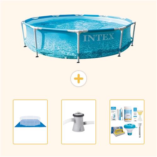 Intex Rond Frame Zwembad - 305 x 76 cm - Waterprint - Inclusief Grondzeil - Zwembadfilterpomp - Onderhoudspakket - 4-delig
