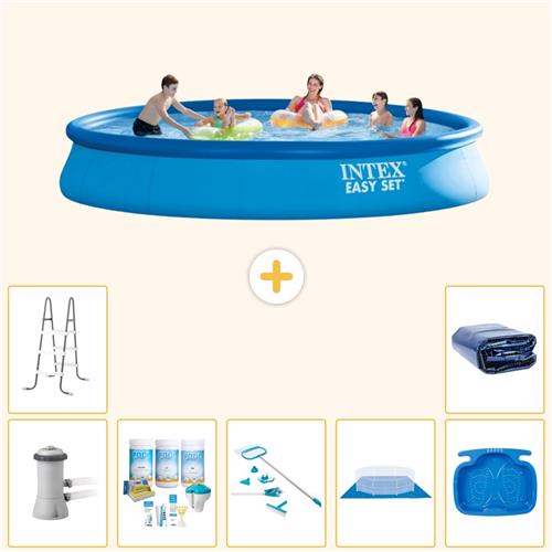 Intex Rond Opblaasbaar Easy Set Zwembad - 457 x 84 cm - Blauw - Inclusief Pomp - Onderhoudspakket - Schoonmaakset - Grondzeil - Voetenbad - Ladder - Solarzeil - 8-delig