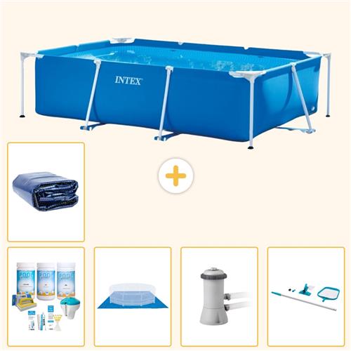 Intex Rechthoekig Frame Zwembad - 300 x 200 x 75 cm - Blauw - Inclusief Onderhoudspakket - Grondzeil - Zwembadfilterpomp - Schoonmaakset - Solarzeil - 6-delig