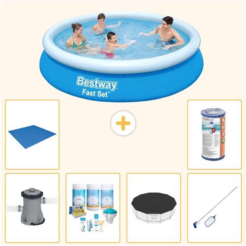 Bestway Rond Opblaasbaar Fast Set Zwembad - 366 x 76 cm - Blauw - Inclusief Pomp - Onderhoudspakket - Afdekzeil - Schoonmaakset - Grondzeil - Filter - 7-delig