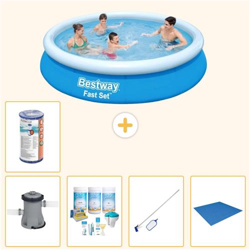 Bestway Rond Opblaasbaar Fast Set Zwembad - 366 x 76 cm - Blauw - Inclusief Pomp - Onderhoudspakket - Schoonmaakset - Grondzeil - Filter - 6-delig