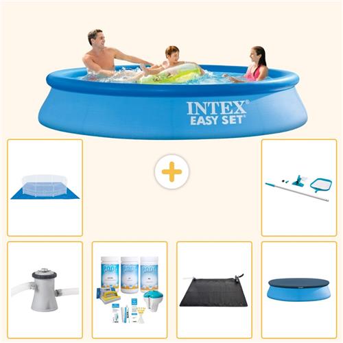 Intex Rond Opblaasbaar Easy Set Zwembad - 305 x 61 cm - Blauw - Inclusief Pomp - Onderhoudspakket - Solar Mat - Afdekzeil - Grondzeil - Schoonmaakset - 7-delig