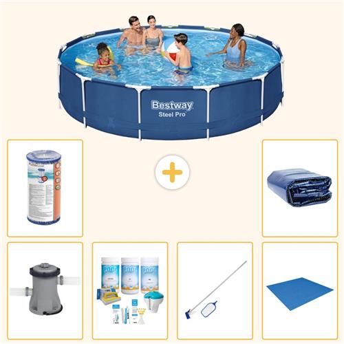 Bestway Rond Steel Pro Zwembad - 396 x 84 cm - Blauw - Inclusief Pomp - Onderhoudspakket - Schoonmaakset - Grondzeil - Filter - Solarzeil - 7-delig