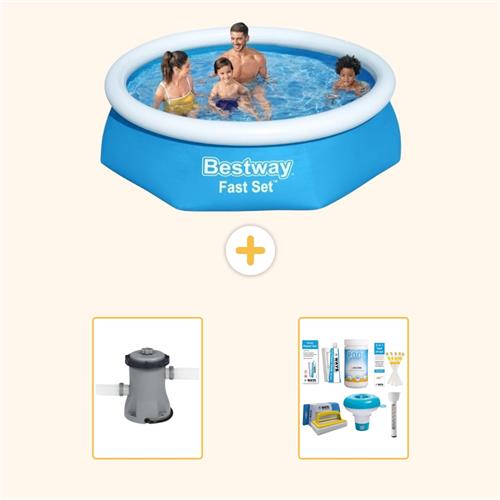 Bestway Rond Opblaasbaar Fast Set Zwembad - 244 x 61 cm - Blauw - Inclusief Pomp - Onderhoudspakket - 3-delig