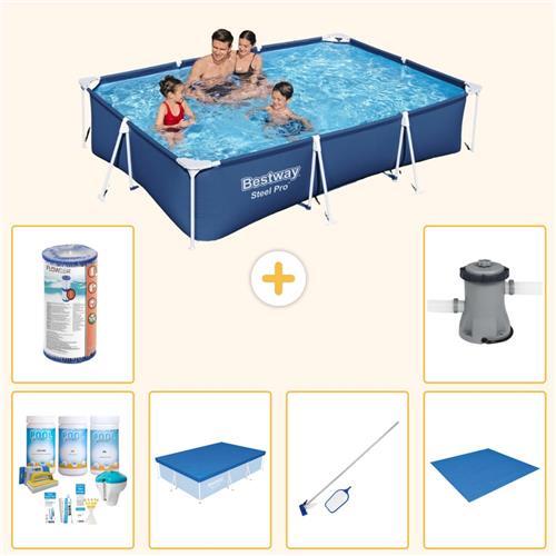 Bestway Rechthoekig Steel Pro Zwembad - 300 x 201 x 66 cm - Blauw - Inclusief Onderhoudspakket - Afdekzeil - Schoonmaakset - Grondzeil - Filter - Zwembadfilterpomp - 7-delig