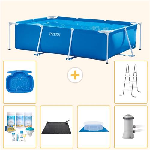 Intex Rechthoekig Frame Zwembad - 300 x 200 x 75 cm - Blauw - Inclusief Onderhoudspakket - Solar Mat - Grondzeil - Zwembadfilterpomp - Voetenbad - Ladder - 7-delig