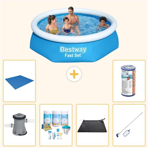 Bestway Rond Opblaasbaar Fast Set Zwembad - 244 x 61 cm - Blauw - Inclusief Pomp - Onderhoudspakket - Solar Mat - Schoonmaakset - Grondzeil - Filter - 7-delig