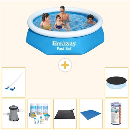 Bestway Rond Opblaasbaar Fast Set Zwembad - 244 x 61 cm - Blauw - Inclusief Pomp - Onderhoudspakket - Solar Mat - Grondzeil - Filter - Stofzuiger - Afdekzeil - 8-delig