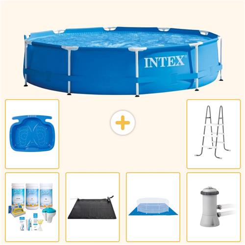 Intex Rond Frame Zwembad - 366 x 76 cm - Blauw - Inclusief Onderhoudspakket - Solar Mat - Grondzeil - Zwembadfilterpomp - Voetenbad - Ladder - 7-delig