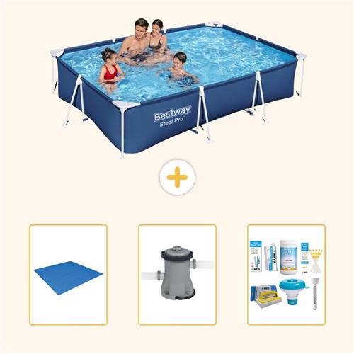 Bestway Rechthoekig Steel Pro Zwembad - 300 x 201 x 66 cm - Blauw - Inclusief Grondzeil - Zwembadfilterpomp - Onderhoudspakket - 4-delig