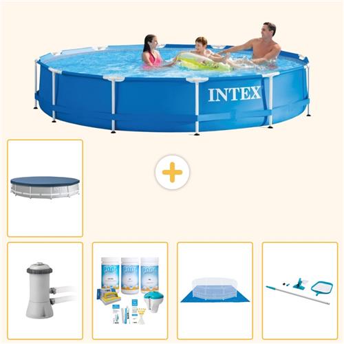 Intex Rond Frame Zwembad - 366 x 76 cm - Blauw - Inclusief Pomp - Onderhoudspakket - Grondzeil - Schoonmaakset - Afdekzeil - 6-delig
