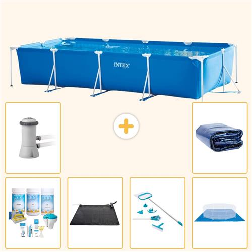 Intex Rechthoekig Frame Zwembad - 450 x 220 x 84 cm - Blauw - Inclusief Onderhoudspakket - Solar Mat - Schoonmaakset - Grondzeil - Zwembadfilterpomp - Solarzeil - 7-delig