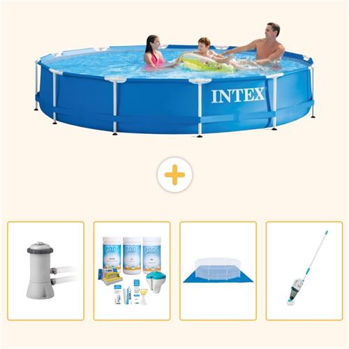 Intex Rond Frame Zwembad - 366 x 76 cm - Blauw - Inclusief Pomp - Onderhoudspakket - Grondzeil - Stofzuiger - 5-delig