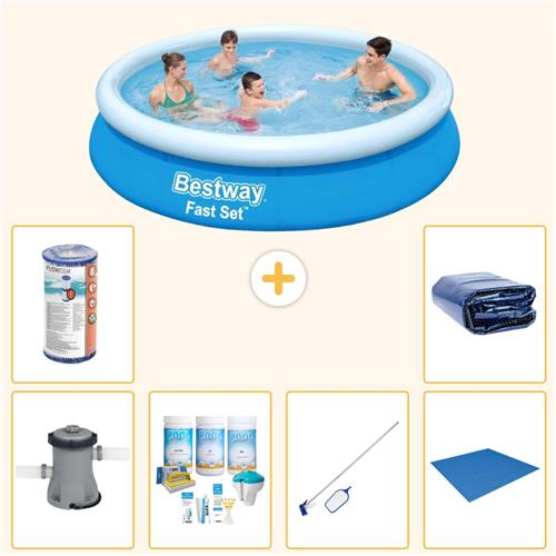 Bestway Rond Opblaasbaar Fast Set Zwembad - 366 x 76 cm - Blauw - Inclusief Pomp - Onderhoudspakket - Schoonmaakset - Grondzeil - Filter - Solarzeil - 7-delig