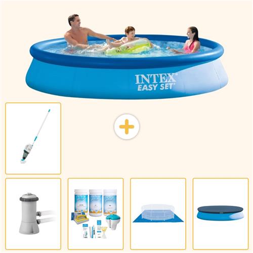 Intex Rond Opblaasbaar Easy Set Zwembad - 366 x 76 cm - Blauw - Inclusief Pomp - Onderhoudspakket - Grondzeil - Afdekzeil - Stofzuiger - 6-delig