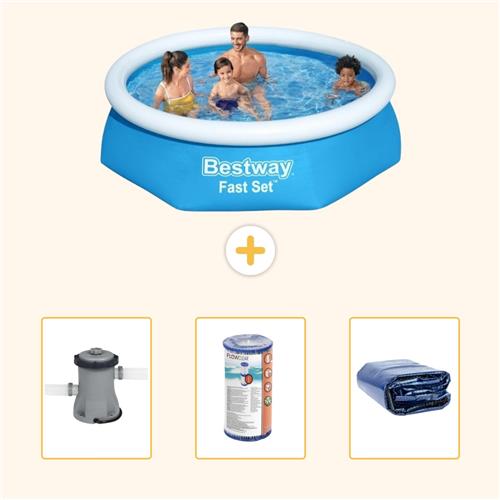 Bestway Rond Opblaasbaar Fast Set Zwembad - 244 x 61 cm - Blauw - Inclusief Pomp - Filter - Solarzeil - 4-delig
