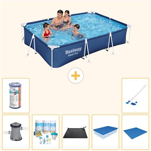 Bestway Rechthoekig Steel Pro Zwembad - 300 x 201 x 66 cm - Blauw - Inclusief Pomp - Onderhoudspakket - Solar Mat - Afdekzeil - Grondzeil - Filter - Stofzuiger - 8-delig