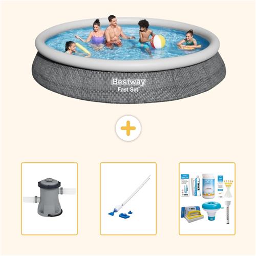 Bestway Rond Opblaasbaar Fast Set Zwembad - Rotanprint - 457 x 84 cm - Inclusief Pomp - Stofzuiger - Onderhoudspakket - 4-delig
