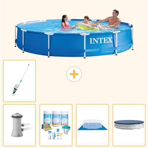 Intex Rond Frame Zwembad - 366 x 76 cm - Blauw - Inclusief Pomp - Onderhoudspakket - Grondzeil - Afdekzeil - Stofzuiger - 6-delig