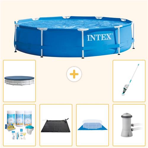 Intex Rond Frame Zwembad - 366 x 76 cm - Blauw - Inclusief Onderhoudspakket - Solar Mat - Grondzeil - Zwembadfilterpomp - Afdekzeil - Stofzuiger - 7-delig