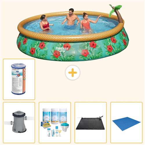 Bestway Rond Opblaasbaar Fast Set Zwembad - Paradijsprint - 457 x 84 cm - Inclusief Pomp - Onderhoudspakket - Solar Mat - Grondzeil - Filter - 6-delig