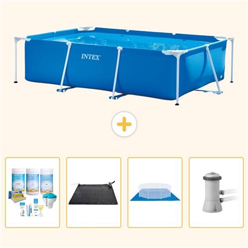 Intex Rechthoekig Frame Zwembad - 300 x 200 x 75 cm - Blauw - Inclusief Onderhoudspakket - Solar Mat - Grondzeil - Zwembadfilterpomp - 5-delig