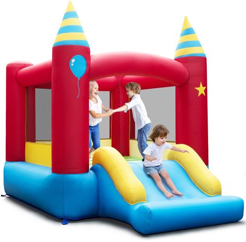 COSTWAY Springkasteel, Springkasteel voor kinderen, Indoor-Outdoor-speelkasteel met glijbaan, draagtas en reparatieset, 260 x 190 x 205 cm