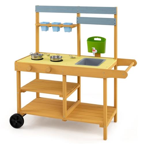 COSTWAY Modderkeuken voor kinderen, outdoor, speelkeuken met waterreservoir en kraan | Kinderkeuken met wielen, gootsteen, 3 bloempotten, fornuis en kookaccessoires, tuinspeelkeuken voor kinderen vanaf 3 jaar