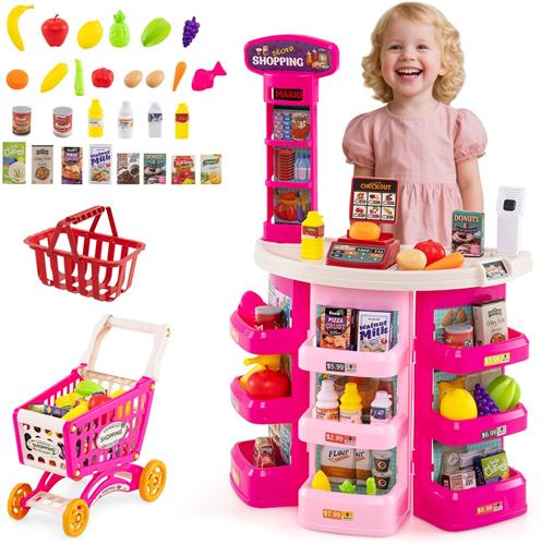 COSTWAY 76-delige supermarkt met winkelwagen, winkel met weegschaal, scanner met licht en geluid, winkel met speellevensmiddelen en accessoires, speelgoedset voor kinderen vanaf 3 jaar (roze)