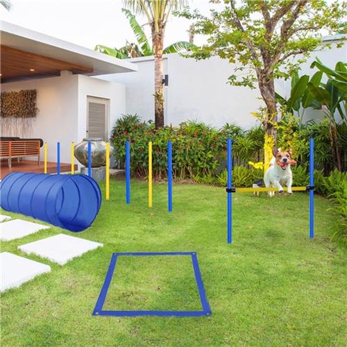Agility Set Hond  Behendigheidstraining  Hindernissen  Slalomstok  Tunnel  Blauw-Geel  Verstelbare Spronghoogte  Lichtgewicht PE en Polyester