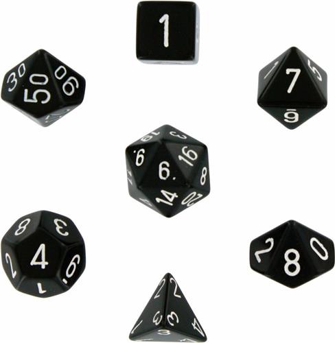 Chessex dobbelstenen set, 7 polydice, Opaque Black w/white