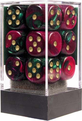 Chessex Gemini Green-Purple/gd D6 16mm Dobbelsteen Set (12 stuks)