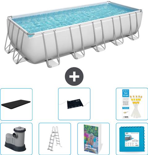 Bestway Rechthoekig Power Steel Zwembad - 640 x 274 x 132 - Grijs - Inclusief Pomp - Ladder - Afdekzeil - Solar Mat - Vloertegels - 8-delig