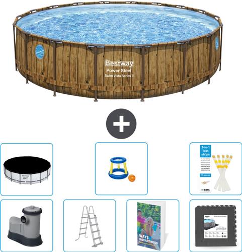 Bestway Rond Power Steel Swim Vista Zwembad - Houtprint - 549 x 122 - Inclusief Pomp - Ladder - Afdekzeil - Speelgoed - Vloertegels - 8-delig