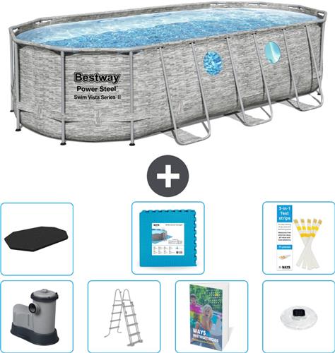 Bestway Ovaal Power Steel Swim Vista Zwembad - Steenprint - 549 x 274 x 122 - Inclusief Pomp - Ladder - Afdekzeil - Vloertegels - Verlichting - 8-delig
