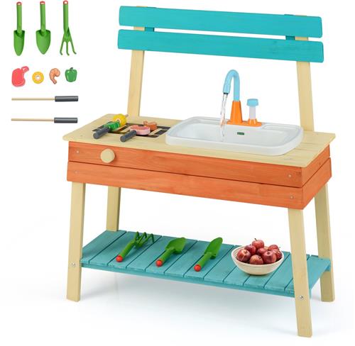 COSTWAY Modderkeuken Kinderen Outdoor, Kinderkeuken Hout met Kraan & Grill, incl. Houten Spiesen, Voedsel & Tuinaccessoires, Buitenkeuken voor Kinderen vanaf 3 jaar