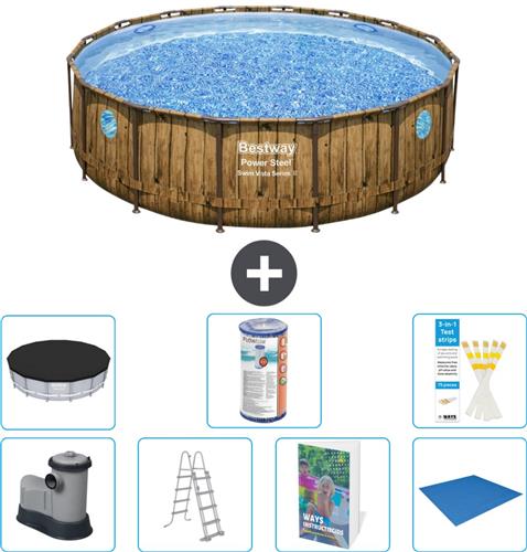 Bestway Rond Power Steel Swim Vista Zwembad - Houtprint - 488 x 122 - Inclusief Pomp - Ladder - Afdekzeil - Filter - Grondzeil - 8-delig