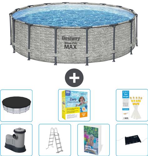 Bestway Rond Steel Pro MAX Zwembad - Steenprint - 488 x 122 cm - Inclusief Pomp - Ladder - Afdekzeil - Onderhoudspakket - Solar Mat - 8-delig
