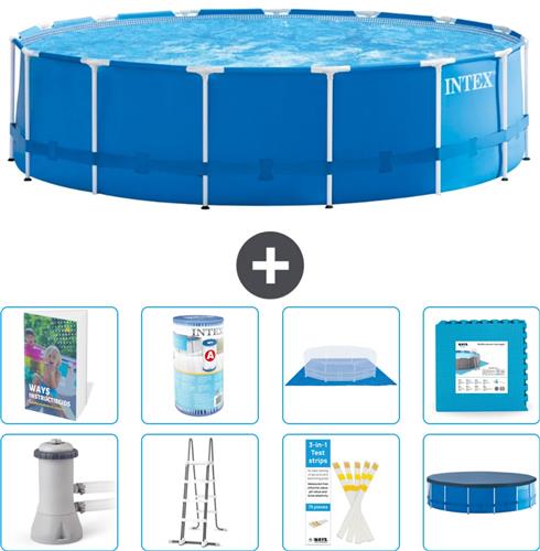 Intex Rond Frame Zwembad - 457 x 122 cm - Blauw - Inclusief Pomp - Ladder - Grondzeil - Afdekzeil - Filter - Vloertegels - 9-delig