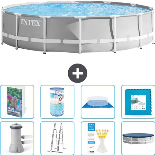 Intex Rond Prism Frame Zwembad - 427 x 107 cm - Grijs - Inclusief Pomp - Ladder - Grondzeil - Afdekzeil - Filter - Vloertegels - 9-delig