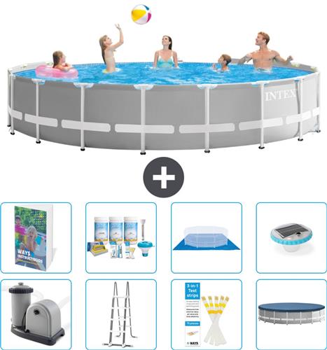 Intex Rond Prism Frame Zwembad - 548 x 122 cm - Grijs - Inclusief Pomp - Ladder - Grondzeil - Afdekzeil - Onderhoudspakket - Verlichting - 9-delig
