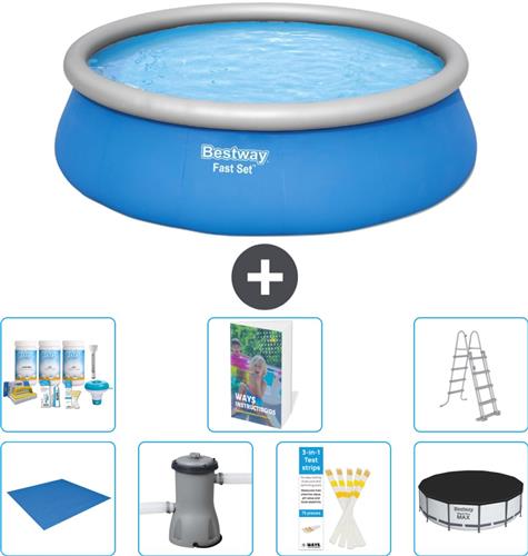 Bestway Rond Opblaasbaar Fast Set Zwembad - 457 x 122 cm - Blauw - Inclusief Pomp - Ladder - Afdekzeil - Onderhoudspakket - Grondzeil - 8-delig
